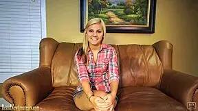 blonde amateur bailey strips down then masturbates solo on sofa at casting