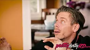 Wife catches husband pounding skinny teen babysitter in hot threesome