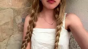 Horny college blonde babe waits outside horny in yard for stepdad return