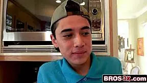 stepbro's cock gets sucked deep by hot teen then she rides him hard over kitchen counter