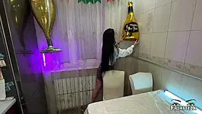 Stepson rams redhead milf hard bent over kitchen counter! New year creampie floods her tight petite pussy deep