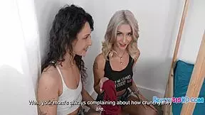 Tiny petite teen shares shaved pussy with stepbro big cock in threesome.