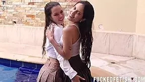 Yessica Bunny and Helen Star Soak School Uniforms Underwater with Petite Tits and Wet Asses