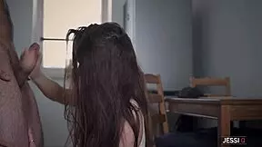 Hot brunette Jessi Q tempts erotic kitchen play