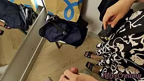 a young girl watches as i flash cock in dressing room then jerks me off to cumshot