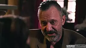 petite brunette with small tits deepthroats daddy's cock then bends for anal pounding right in front of stepdad