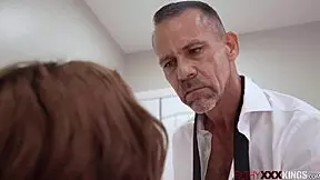 stepdad roughly fucks stepdaughter's tight pussy while she licks his balls