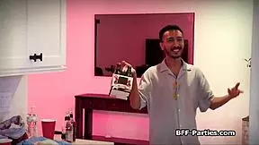 Horny Asian teens share DILF's massive cock in wild 4some!