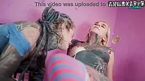 damn these alt inked girls strap-on tease each other's shaved pussies