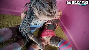 damn these alt inked girls strap-on tease each other's shaved pussies