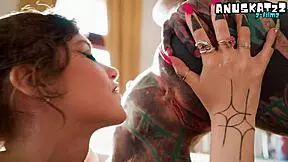 goth tattooed lesbians stretch asses with huge anal dildos on desk