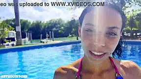 A petite Colombian latina brunette Violeta Grey rides oiled cock poolside then slurps footjob cum on her sexy bare toes