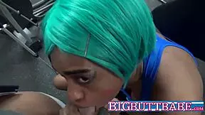 ebony teen babe deepthroats sloppy cock sucking in public gym