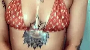 Oiled MILF Babe Skylarbonez's Big Tits Shimmer on Louis Vuitton Bikini Piercings