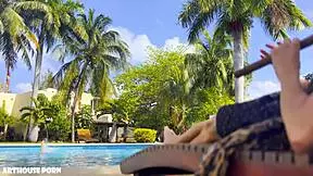 A petite Colombian latina brunette Violeta Grey rides oiled cock poolside then slurps footjob cum on her sexy bare toes