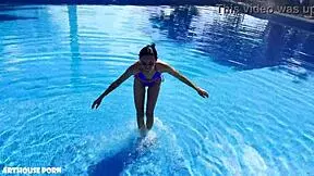 A petite Colombian latina brunette Violeta Grey rides oiled cock poolside then slurps footjob cum on her sexy bare toes