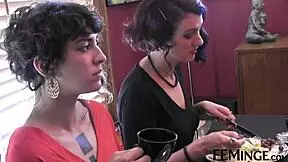 lesbian domina SLAPS wet pussy of bound brunette slave hard