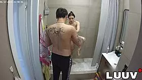 Luuv's smooth legs and shaved pussy flash hot in steamy shower voyeur cam!?