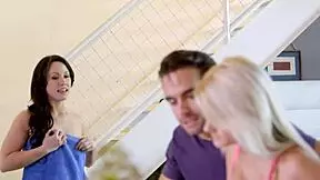 I couldn't resist sneaking up on that cute petite teen couple for a wild threesome with my big tits