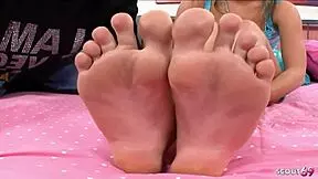 whoa skinny blonde kacey jordan's mini tits bounce while she gags on big cock then cums on bare feet 😩💦!!