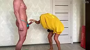 stepson workouts in thong then pounds milf ostrich pussy with creampie finish