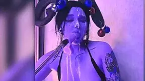 devil babe filled with cum moans passionately deepthroating huge dildo machine