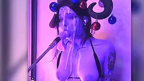 devil babe filled with cum moans passionately deepthroating huge dildo machine