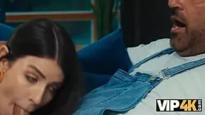 The beautiful brunette with big natural tits tries helping but ends up fucked hard by her boyfriend's father-in-law.