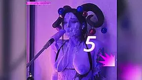 devil babe filled with cum moans passionately deepthroating huge dildo machine