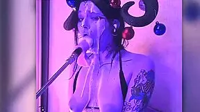 devil babe filled with cum moans passionately deepthroating huge dildo machine