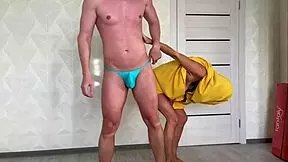 stepson workouts in thong then pounds milf ostrich pussy with creampie finish
