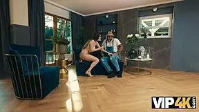 The beautiful brunette with big natural tits tries helping but ends up fucked hard by her boyfriend's father-in-law.