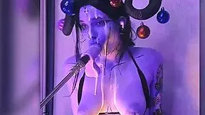 devil babe filled with cum moans passionately deepthroating huge dildo machine