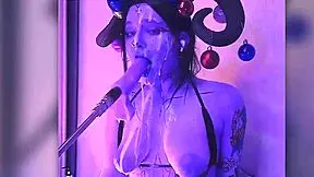 devil babe filled with cum moans passionately deepthroating huge dildo machine