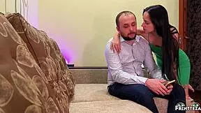 petite stepmom drains hubby's big balls with handjob from behind at party