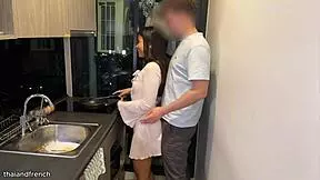 asian teen gets fucked by huge white cock while cooking!