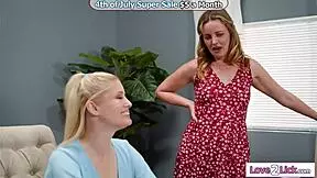 petite stepmom laps stepdaughter's hairy pussy after catching her