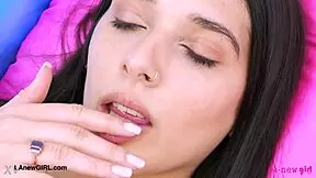 brunette milf mommy massages her sexy petite body on sofa for daddy's eyes.