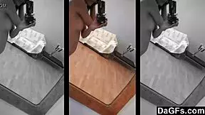 Petite brunette teen gropes small tits shaved pussy in mirror