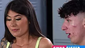 Step-siblings pound pussies hard during intense gym workout