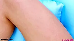 brunette milf mommy massages her sexy petite body on sofa for daddy's eyes.