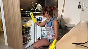 Our panty-less cleaning lady slut arrives wet for rough pussy pounding!