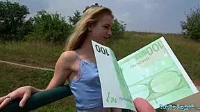 horny czech blonde with tight petite body bends over in forest for public cash fuck