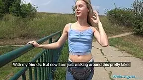 horny czech blonde with tight petite body bends over in forest for public cash fuck