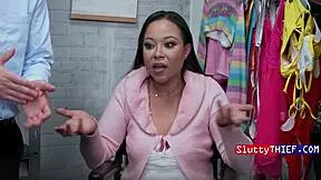 asian office slut feigns disability stripped ripped clothes punished rough in garage shop by burglar