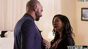 Sly housewife surprises husband with blindfolded hooker treat