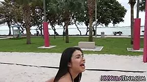 This petite Latina teen with small tits takes a hardcore facial cumshot right on her face