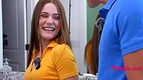 Flat chest horny teen seduces stepdad with blowjob and cowgirl ride in the kitchen