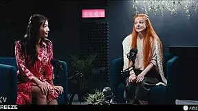 Redhead maid freezes asian babe turning her into obedient fuckdoll for wet licking and scissoring