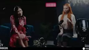 Redhead maid freezes asian babe turning her into obedient fuckdoll for wet licking and scissoring